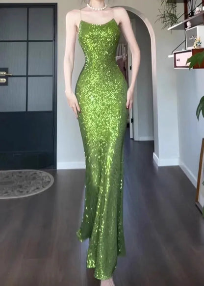 Slim Fit Green Sequins Spaghetti Strap Dress Sleeveless