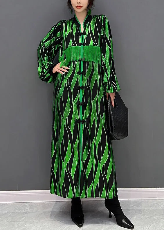 Green V Neck Patchwork Tassel Button Velour Maxi Dresses Fall