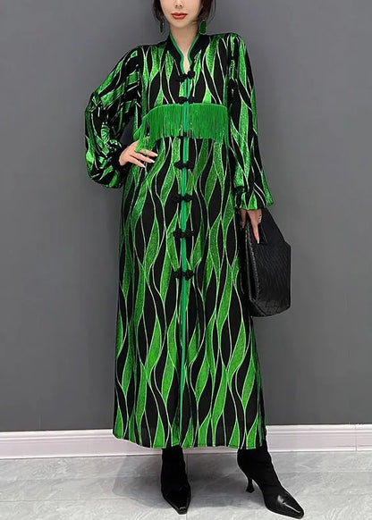 Green V Neck Patchwork Tassel Button Velour Maxi Dresses Fall
