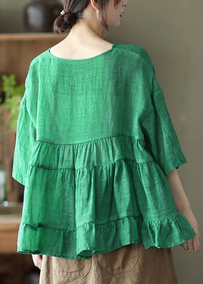 Green V Neck Patchwork Linen Tops Half Sleeve