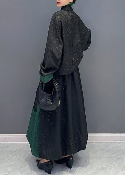 Black Green Stand Collar Tasseled Patchwork Cotton Two Piece Set Fall