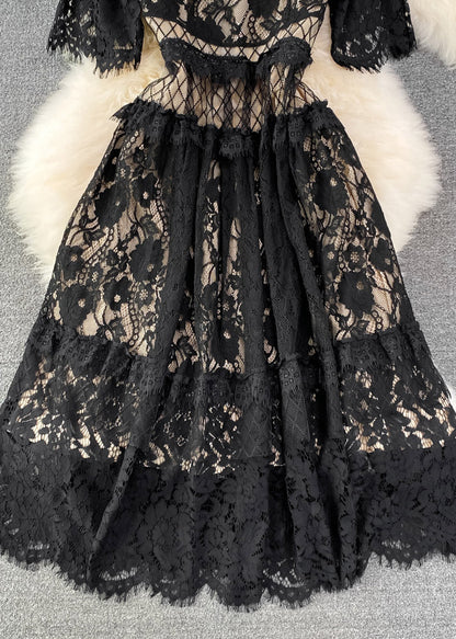 Black O-neck Hollow Out Tunic Lace Long Dress Short Sleeve