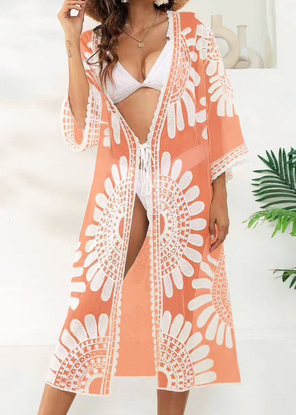 Unique Orange V-neck Print Lace Patchwork Tulle Swimwear Cardigans