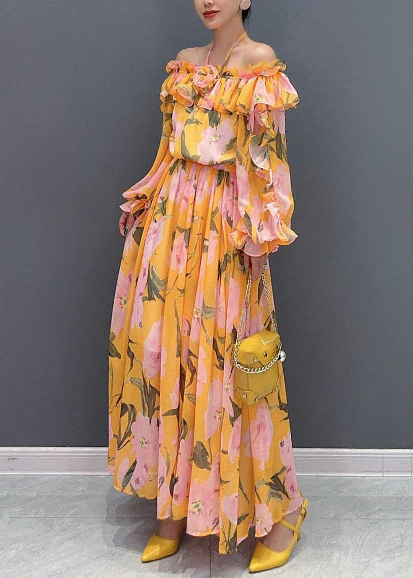 Blue Cold Shoulder Ruffled Patchwork Chiffon Dresses Long Sleeve