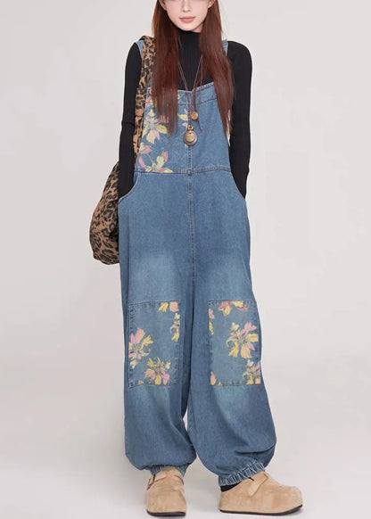 Blue Print Pockets Patchwork Denim Jumpsuit Summer