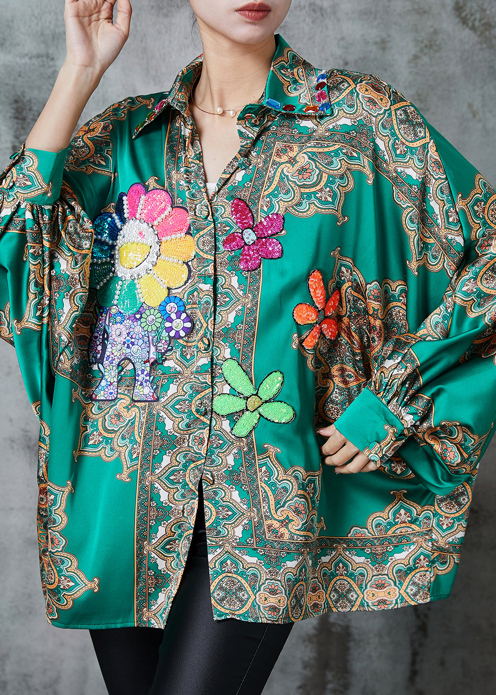 Green Oversized Print Chiffon Top Spring