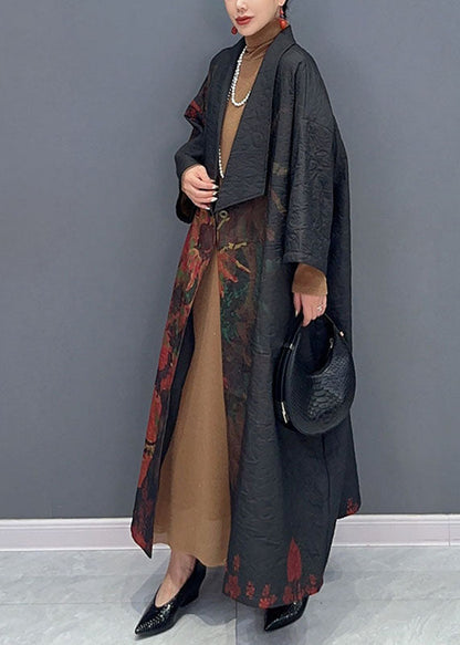 Black Asymmetrical Print Long Trench Coats Long Sleeve Fall
