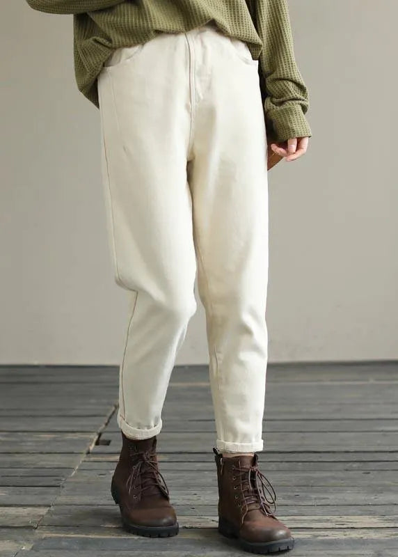 Beige Trousers Spring Elastic Waist Fabrics Pant