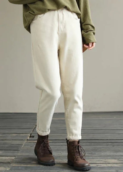Beige Trousers Spring Elastic Waist Fabrics Pant