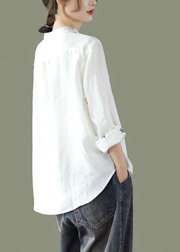 White Stand Collar Embroideried Linen Shirt Spring