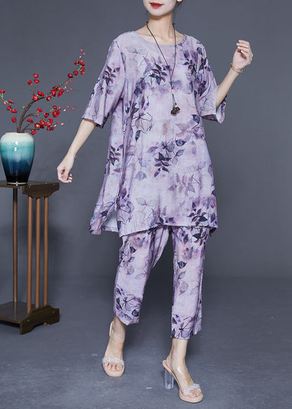 Handmade Purple O-neck Oversized Print Linen Silk Two-piece Set Summer