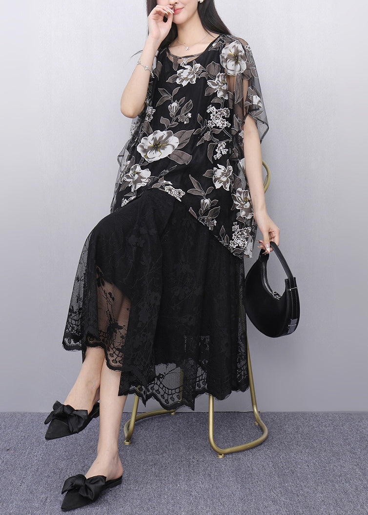 Black Print Tulle T Shirt and Long Dress Two Pieces Set Batwin Sleeve