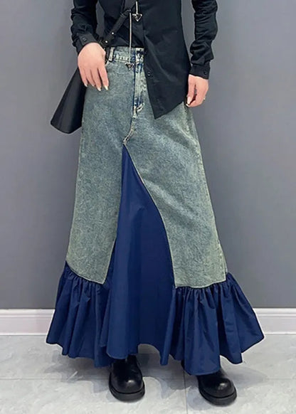Blue High Waist Pockets Patchwork Denim Skirts