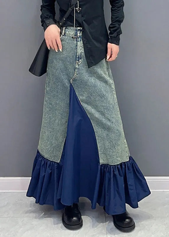 Blue High Waist Pockets Patchwork Denim Skirts