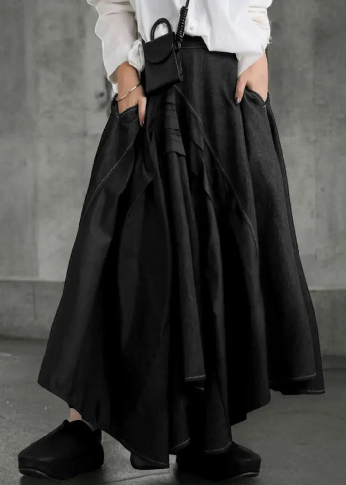 Modern Black Asymmetrical Exra Large Hem Denim Skirts Fall