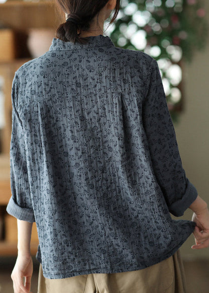 Style Grey Blue Print Button Shirts Long Sleeve
