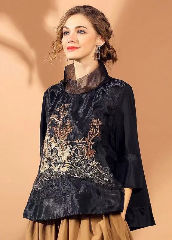 Black Stand Collar Embroidered Organza Blouse Top Spring
