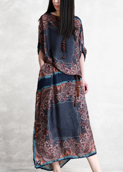 O-neck Print Patchwork Pockets Tie Waist Chiffon Dresses Short Sleeve