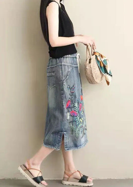 Light Blue Embroideried Pockets A-line Summer Denim Skirts