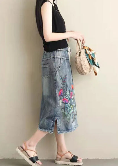 Light Blue Embroideried Pockets A-line Summer Denim Skirts