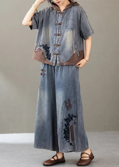 New Blue Embroidered Tops and Wide Leg Pants Two Pieces Set Summer