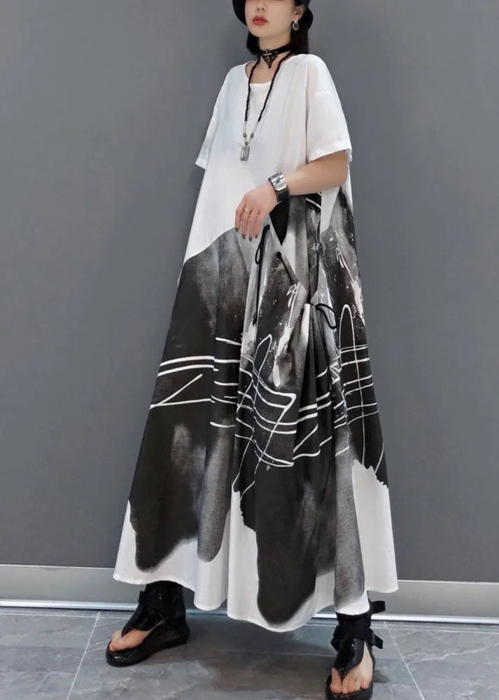 Italian Black Asymmetrical Drawstring Print Patchwork Ankle Dress Spring