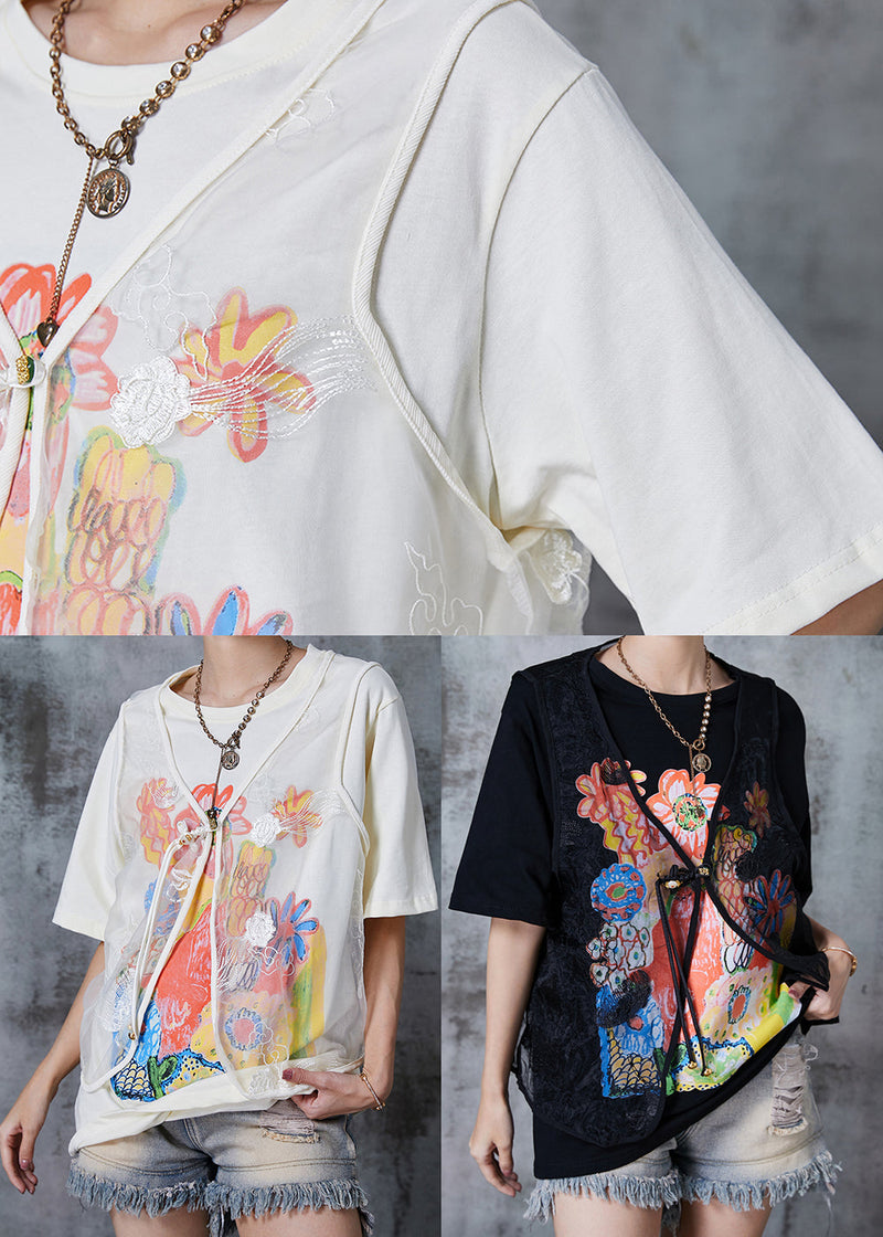 White Print Cotton Tanks and Vests Two Pieces Set Embroidered Summer