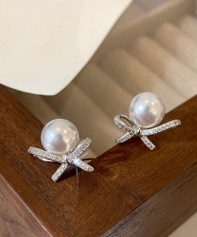 White Sterling Silver Pearl Bow Stud Earrings