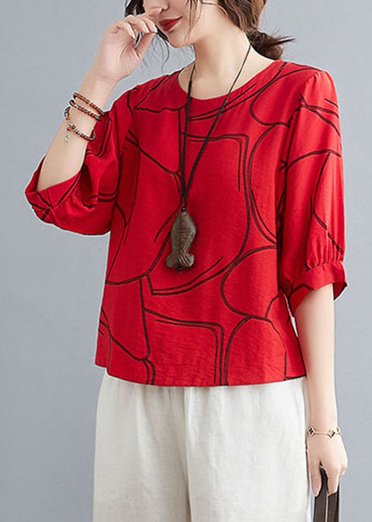 Red Print Cotton Tank Tops O-neck Oversized Lantern Sleeve