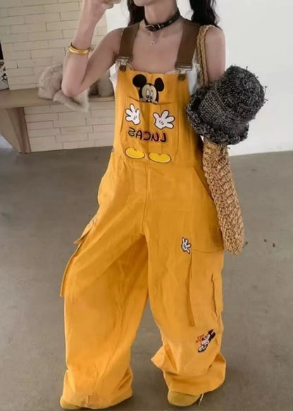 Art Yellow Mickey Embroidered Cotton Loose Overalls Jumpsuit Fall