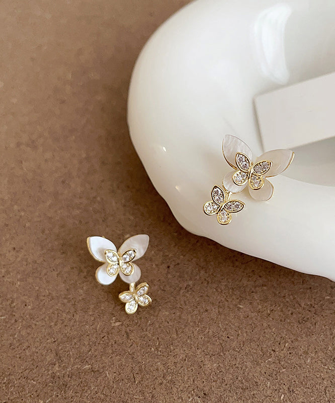 White Sterling Silver Overgild Zircon Butterfly Stud Earrings
