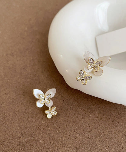 White Sterling Silver Overgild Zircon Butterfly Stud Earrings