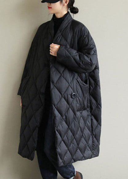 Street Black Stand Collar Button Pockets Winter Down Coat Long Sleeve Winter