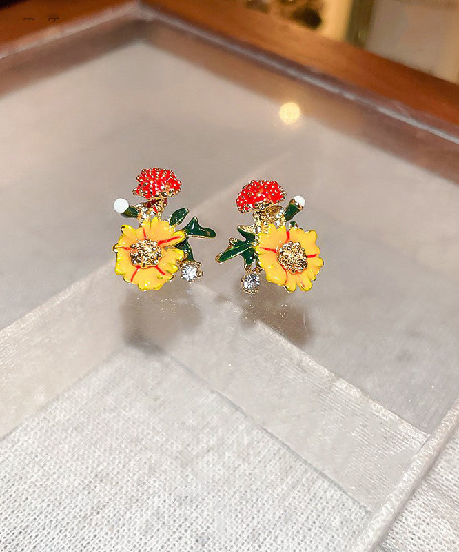 Art Yellow Alloy Zircon Pearl Drop Glaze Stud Earrings