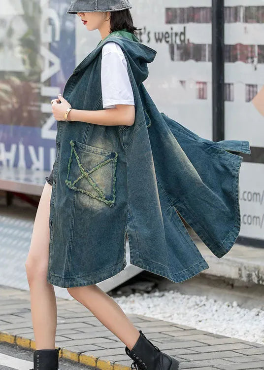 Modern Green Hooded Button Pockets Fall Top Sleeveless Waistcoat
