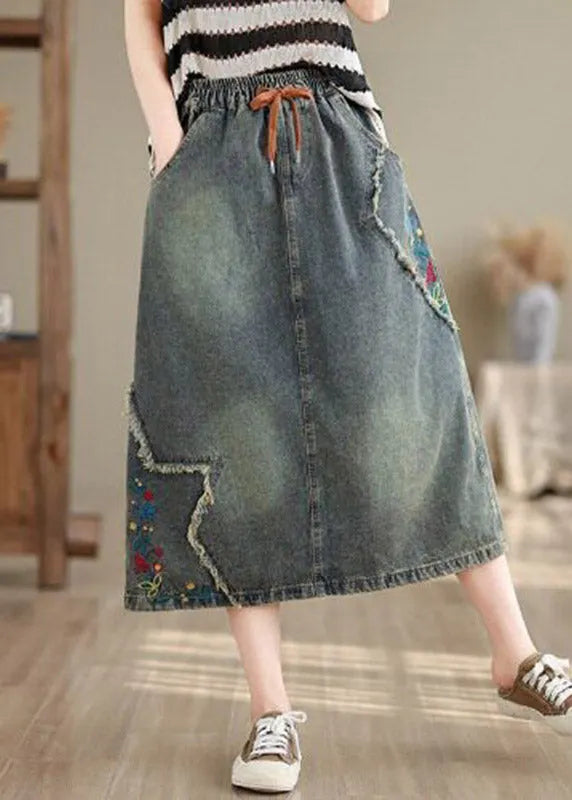 Denim Blue Pockets Patchwork Tie Waist Maxi Skirt Summer
