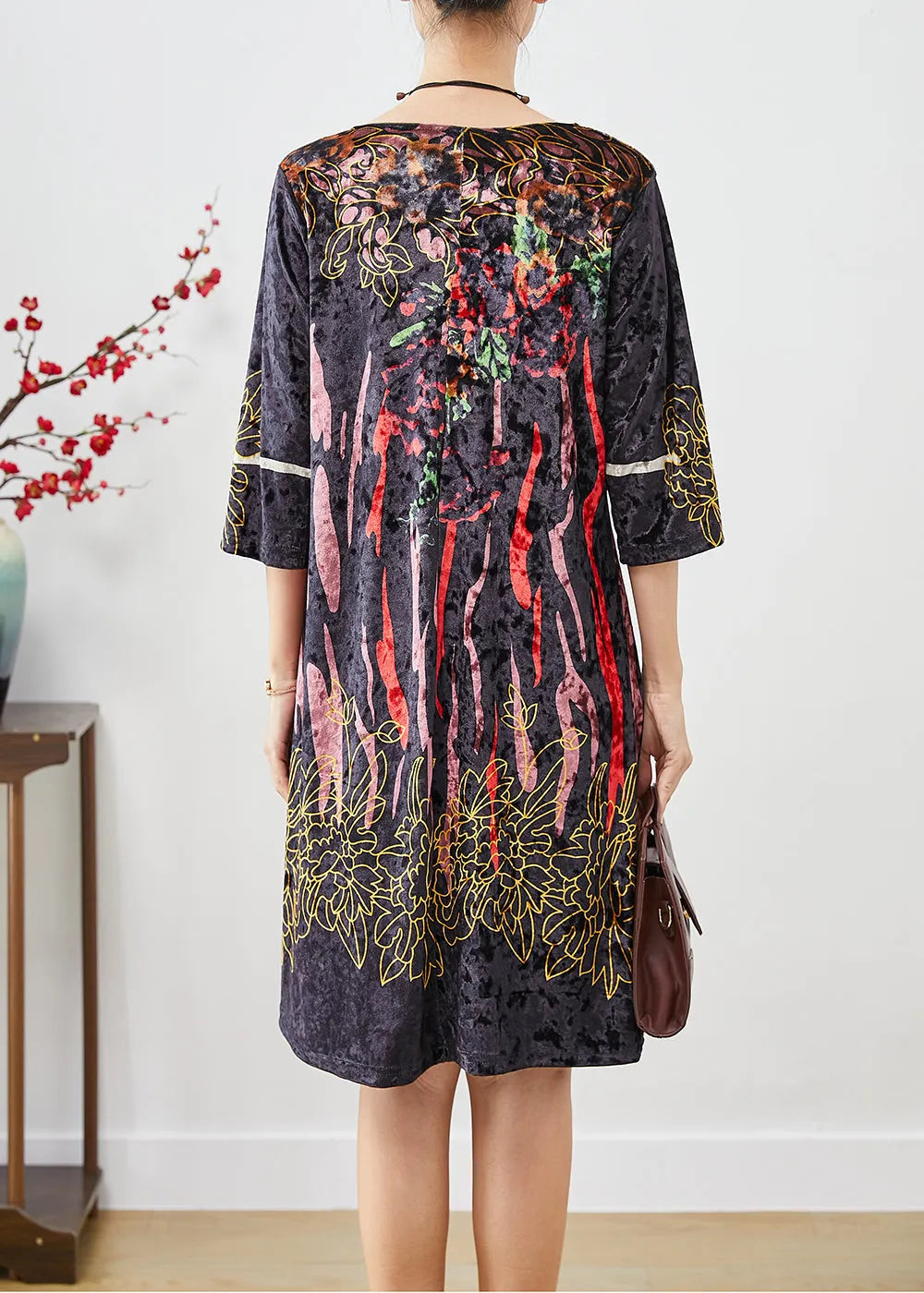 Black Print Silk Velour Maxi Dresses Half Sleeve