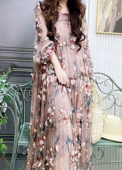 Modern Embroidered Ruffled Tulle Long Dress Lantern Sleeve Summer