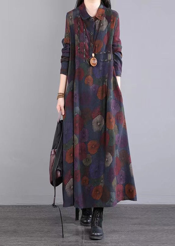 Purple Peter Pan Collar Patchwork Cotton Maxi Dresses Fall