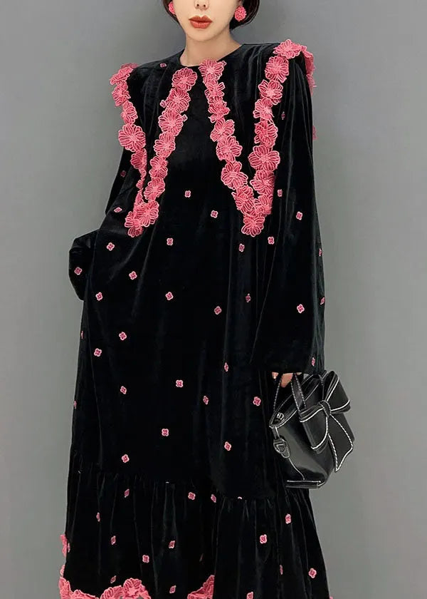 French Black O Neck Silk Velour Maxi Dress Winter