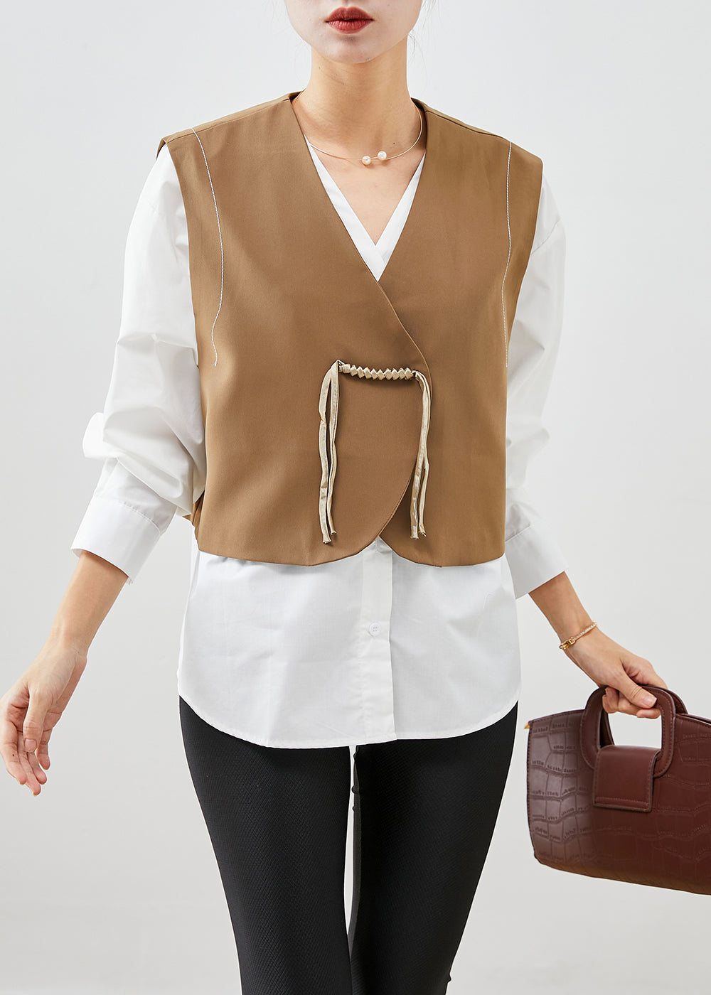Boutique Khaki Tasseled Chinese Button Cotton Two Pieces Set Fall