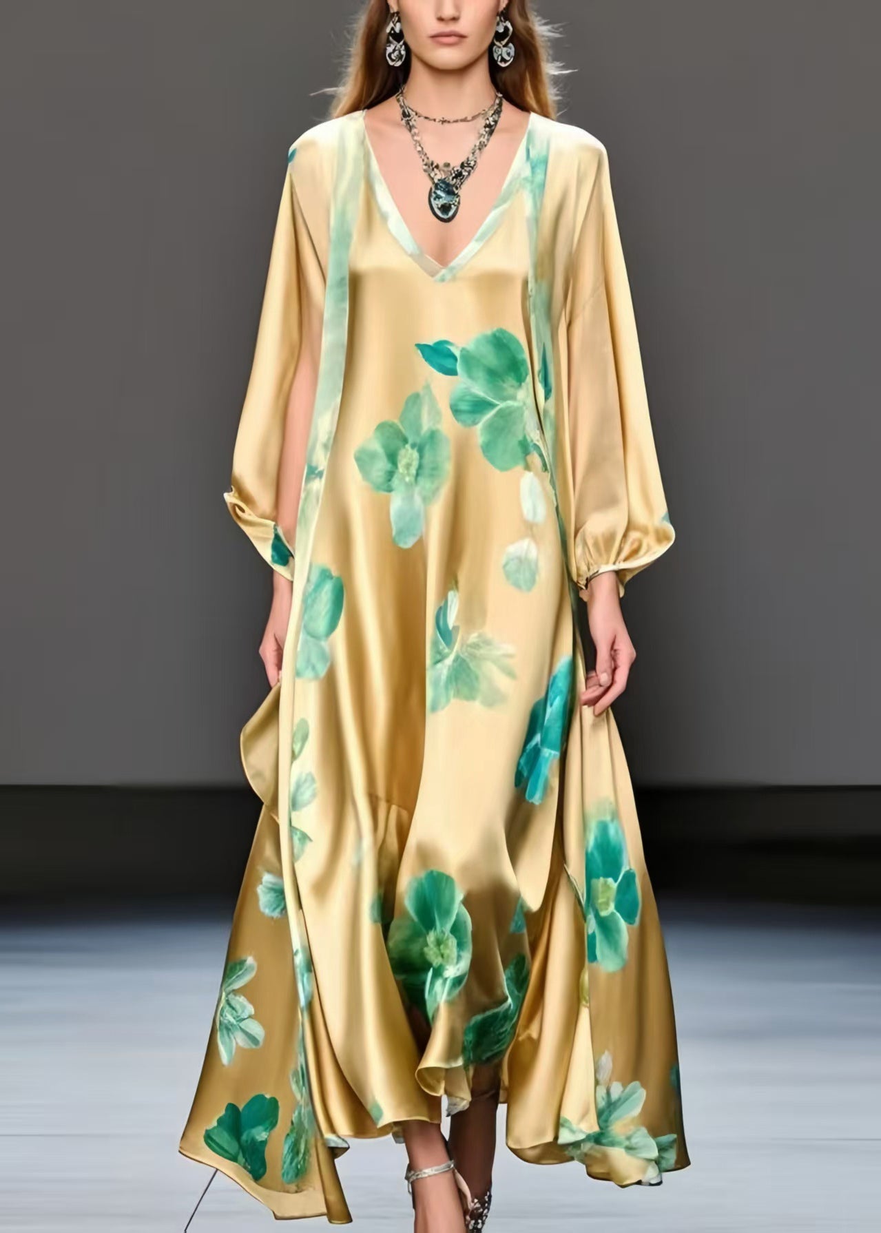 Fine Yellow Oversized Print Silk a Line Dress Fall