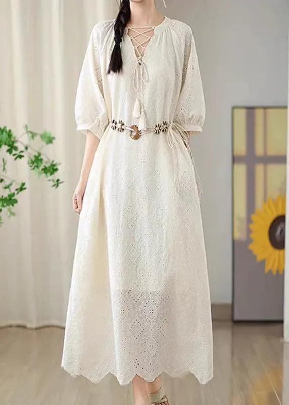 Beige Hollow Out Tassel Long Dress Short Sleeve