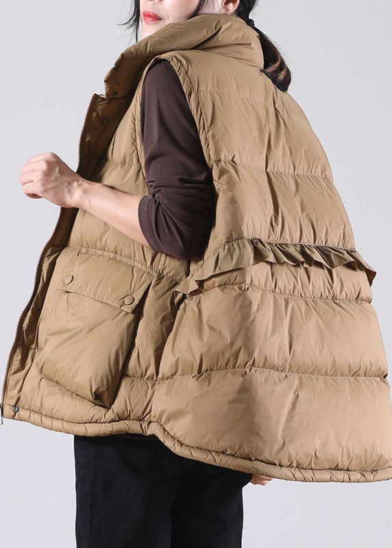 Chocolate Ruffled Pockets Duck Down Sleeveless Down Vest