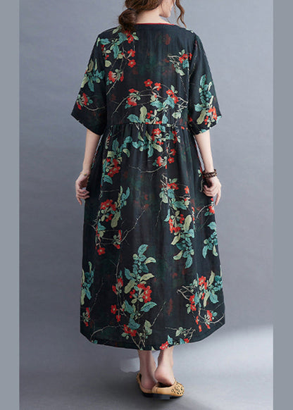 Navy Patchwork Linen Holiday Dresses Tie Waist Short Sleeve