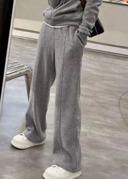 Grey Hooded Coats and Straight Pants Two Pieces Set Long Sleeve