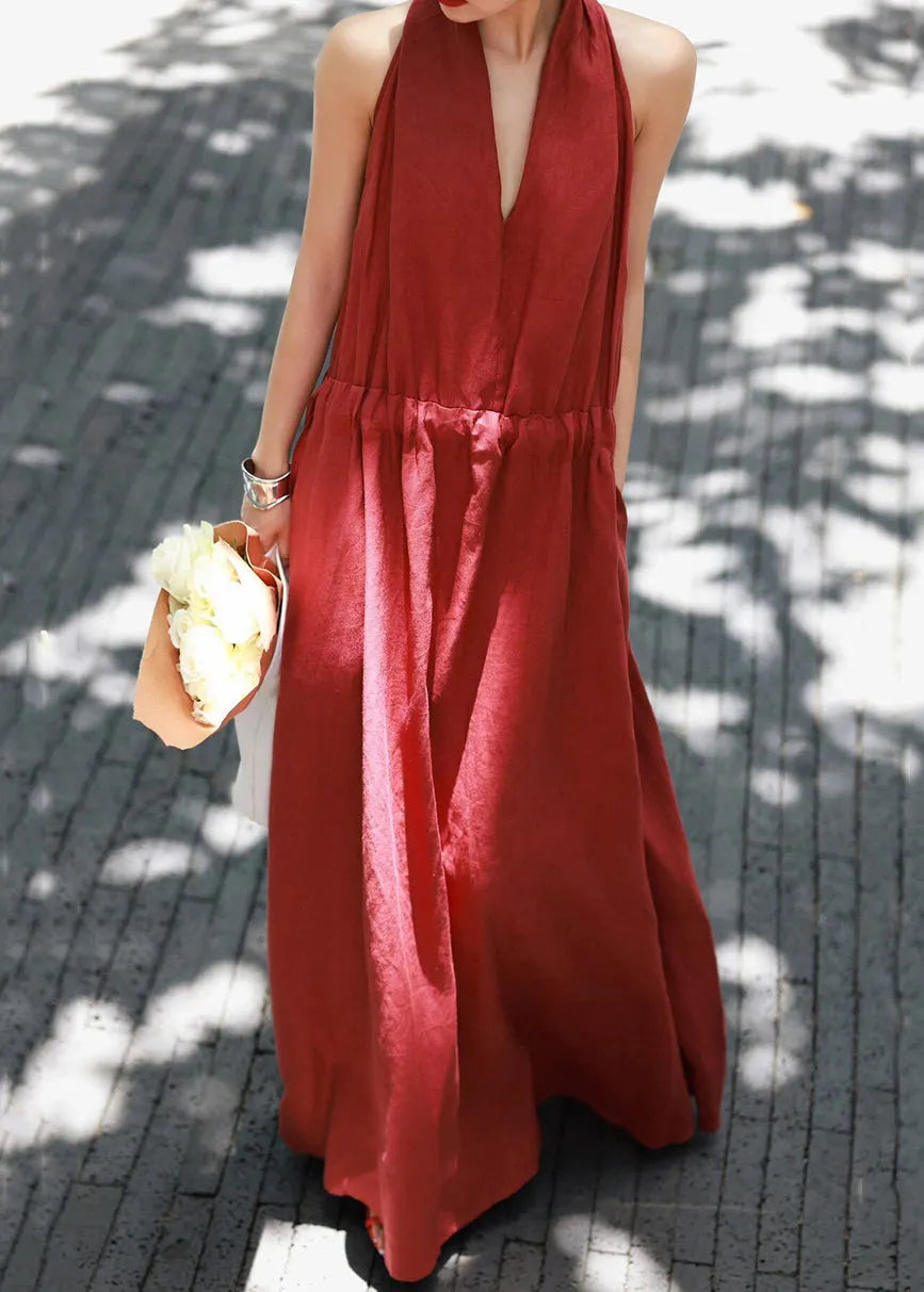 Red Lace Up Cotton Long Dress V Neck Summer