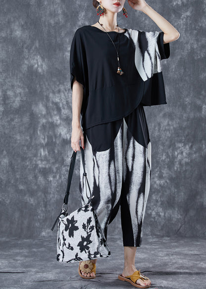Black Patchwork Cotton Sets 2 Pieces Asymmetrical Summer