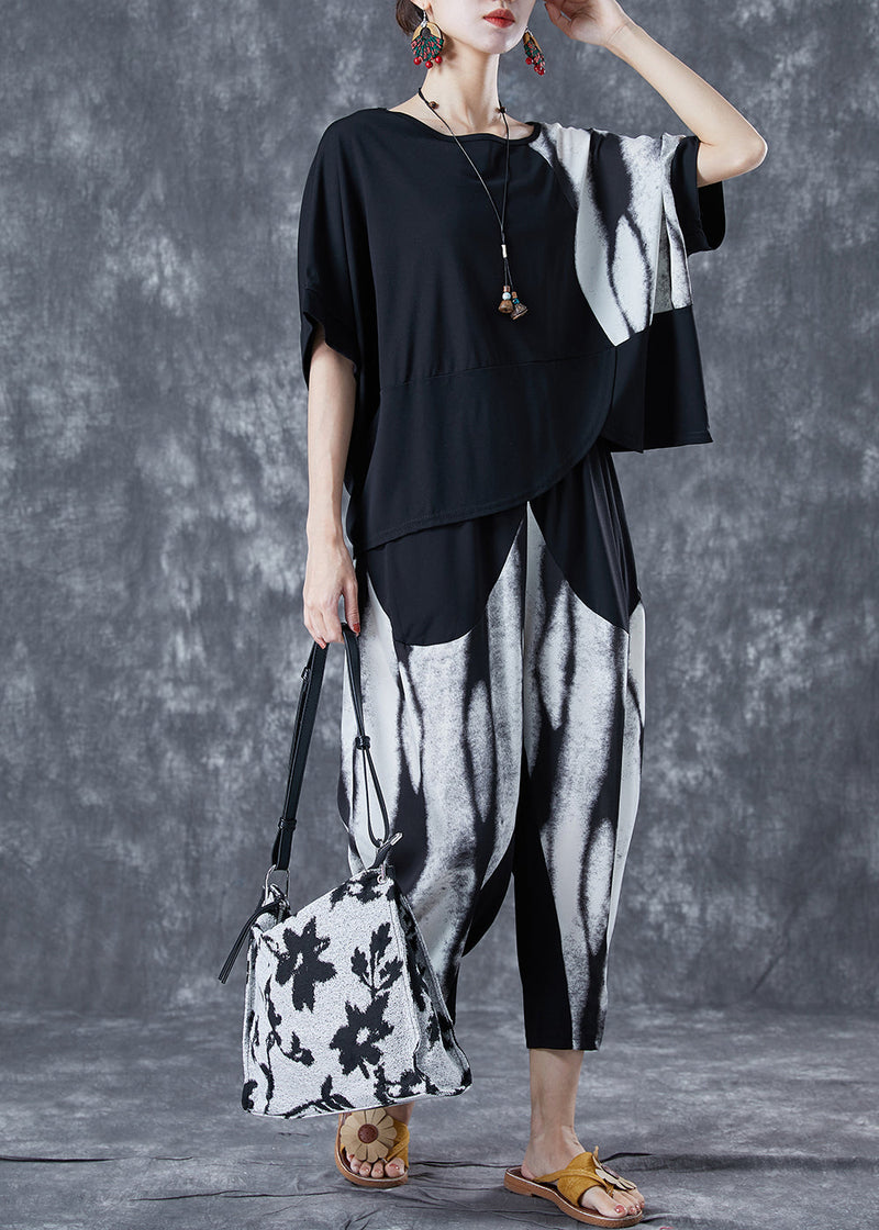 Black Patchwork Cotton Sets 2 Pieces Asymmetrical Summer