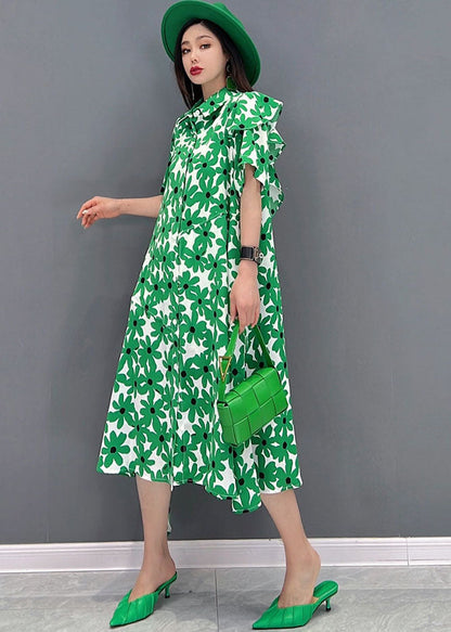 Green Peter Pan Collar Asymmetrical Design Print Cotton Holiday Dress Short Sleeve